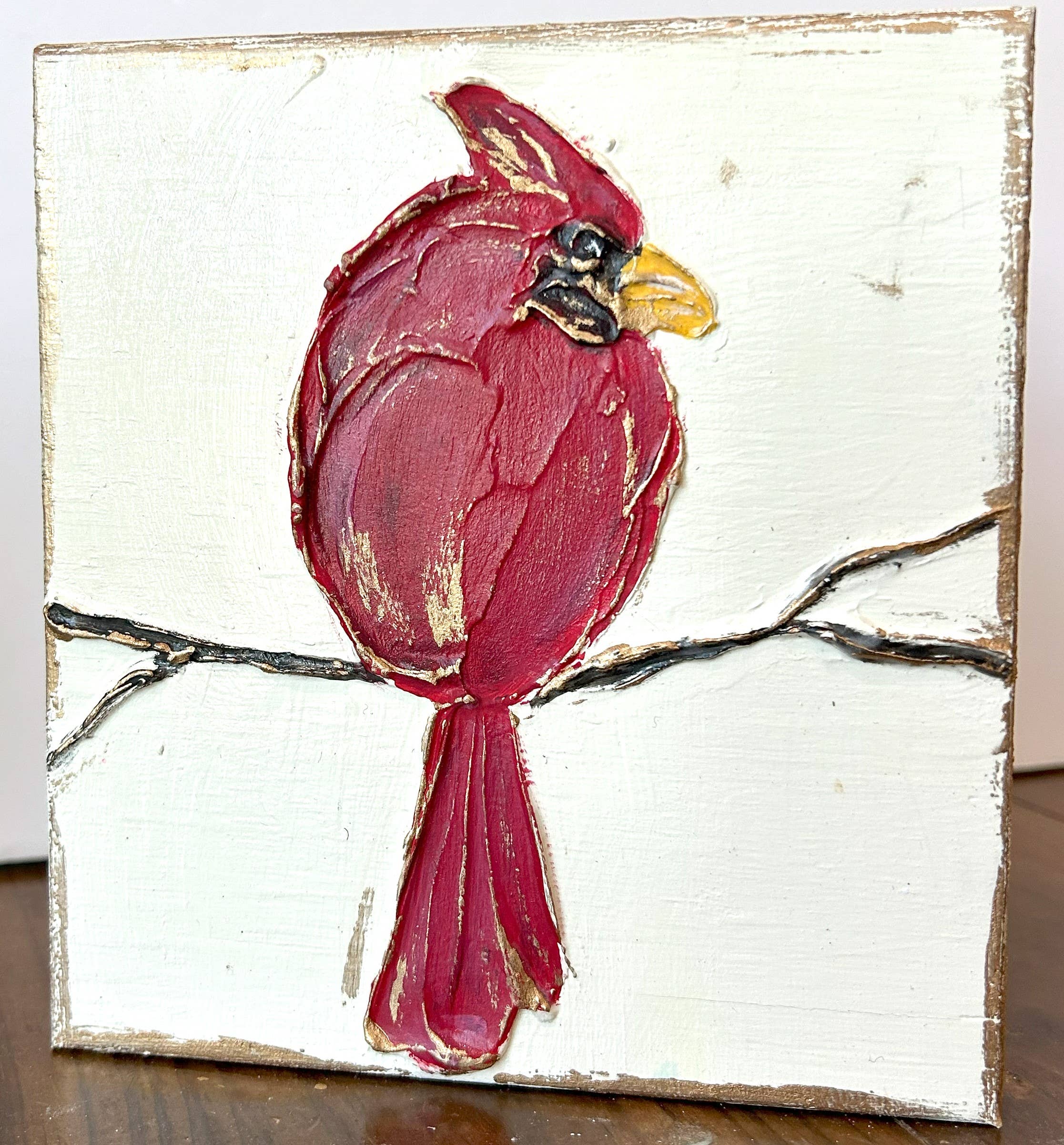 Cardinal red bird 5x5 handmade, textured wood block 1 Cardinal red bird 5x5 handmade, textured wood block