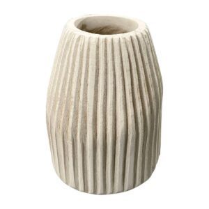 Wood Grooved Carved Solid Unique Vase - White, 9 in.