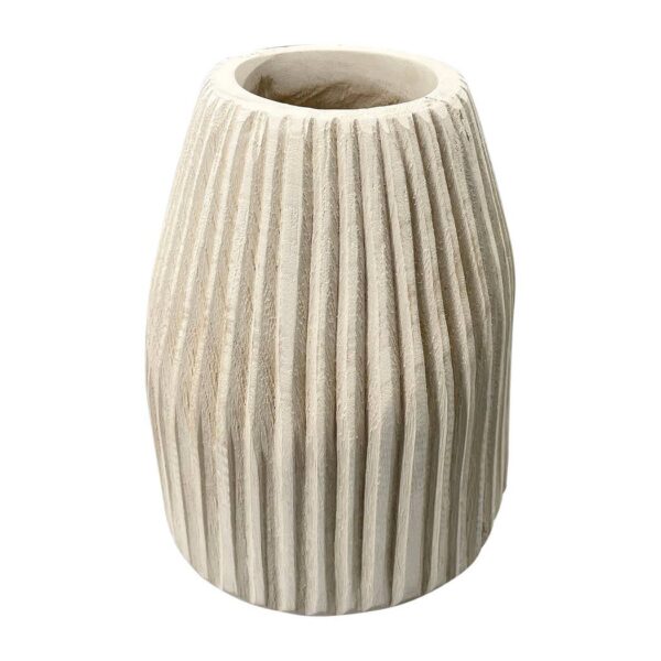 Wood Grooved Carved Solid Unique Vase - White, 9 in.