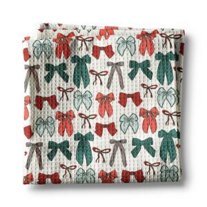 Canary Road Red Green Bow Chinoiserie Christmas Kitchen Towel Waffle