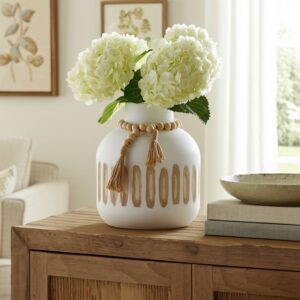 Wood Round Ridged Vase with Tassels - White, 8 in.