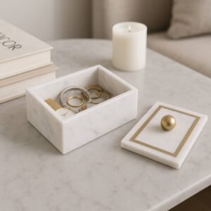 Marble Rectangular Box with Removable Lid - White, 7 in.