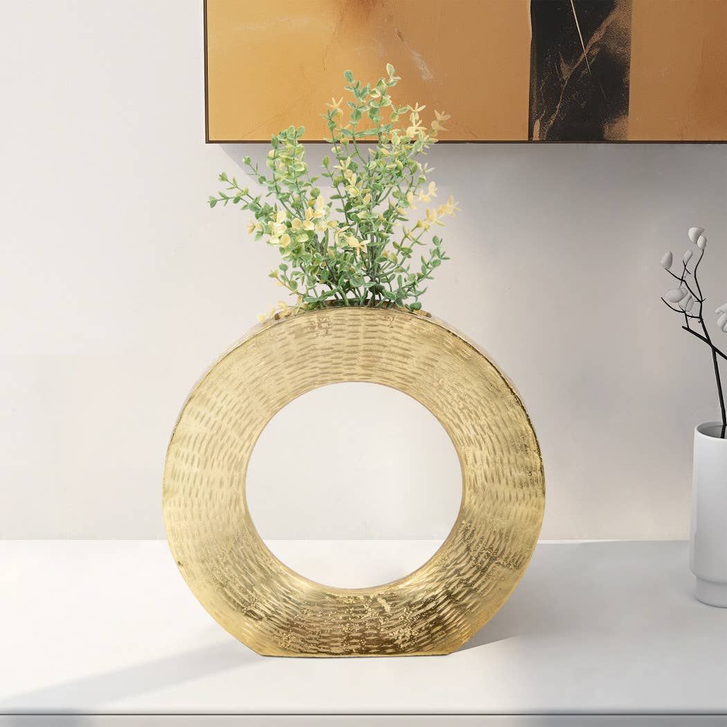 Metal Textured Round Open Cut-Out Vase - Gold, 11 in. 1 Metal Textured Round Open Cut-Out Vase - Gold, 11 in.
