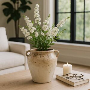 Decorative Vase - Ivory Terracotta Textured 2-Handle, 9.5 in