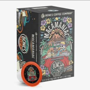 Bones Coffee Company Flavored Coffee Bones Cups Macamaniac Flavored Pods | 12ct Single-Serve Coffee Pods Compatible with Keurig 1.0 & 2.0 Keurig Coffee Maker