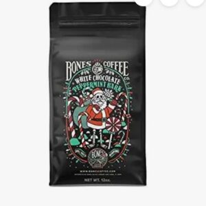 Bones Coffee Company Flavored Coffee White Chocolate Peppermint Bark | 12 oz Coffee Bag Flavored Ground Coffee & Whole Bean | Low Acid Medium Roast Coffee Beverages (Ground)