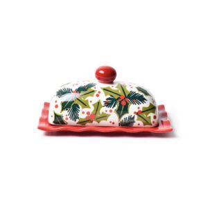 Happy Everything Holly Ruffle Domed Butter Dish
