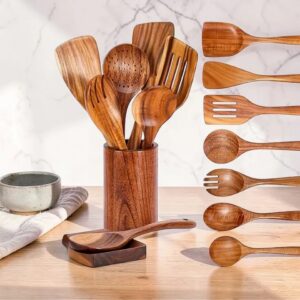 Matty Poe 22 Elyon 9 Piece Teak Wood Utensil Set with Hooks