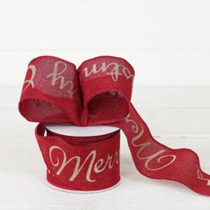 R32922-Wired Ribbon-Burlap-Red w. "Merry Christmas" (2.5inW)