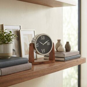 Sagebrook Table Clock - Black/Silver Metal Face with Wood Base, 8 in.