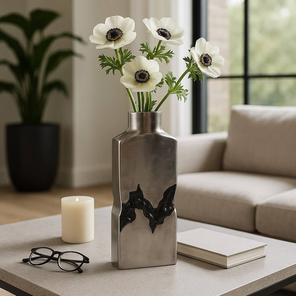 Sagebrook Decorative Vase - Silver/Black Metal Carved Middle, 16 in. 1 Sagebrook Decorative Vase - Silver/Black Metal Carved Middle, 16 in.