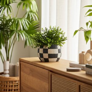 Sagebrook Planter - Black/White Pottery Checkerboard Rounded, 7 in.