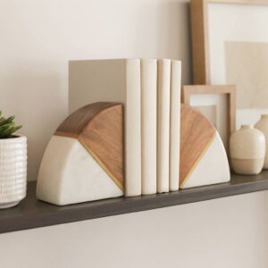 Sagebrook Bookends Set of 2 - White Marble Wood and Brass, 5 in.