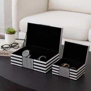 Sagebrook Wood Striped Storage Boxes Set of 2 - Black, 8/11 in.