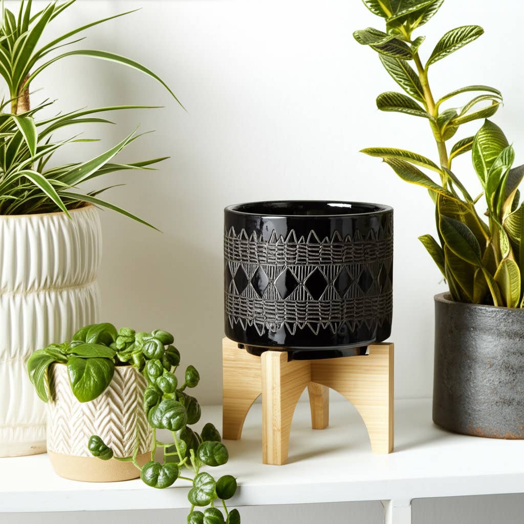 Sagebrook Ceramic Aztec Planter Pot on Wooden Stand - Black, 5 in. 1 Sagebrook Ceramic Aztec Planter Pot on Wooden Stand - Black, 5 in.
