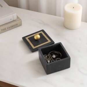 Sagebrook Marble Modern Square Storage Box with Knob - Black, 5 in.