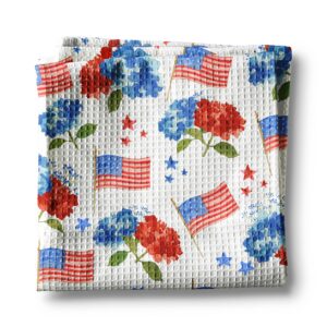 4th July Hydrangea Red White Blue Flag Kitchen Towel Waffle