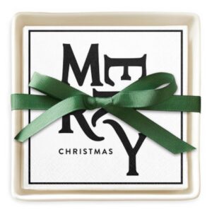 Santa Barbara Ceramic Napkin Tray with Napkins - Merry Christmas