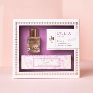 Lollia Relax Fragrance Story Gift Set – .16 fl. oz. Eau de Parfum & .33 oz. Petite Treat Handcreme – Lavender & Honey – Shea Butter Hand Cream for Women, Travel Size Perfume