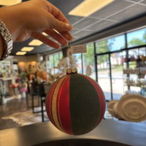 Zodax Matte Red Glass Ball Ornament w/ Green Felt & Gold Glitter