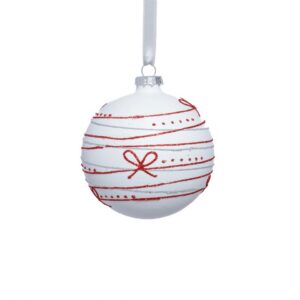Zodax Matte White Glass Ornament W Red Ribbon Design - 4"