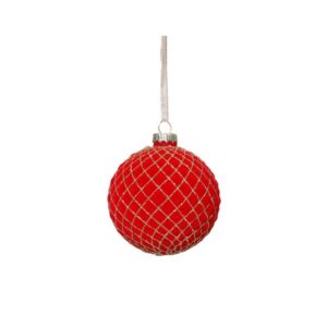 Zodax Red Flock w/ Gold Glass Ball Ornament 4"