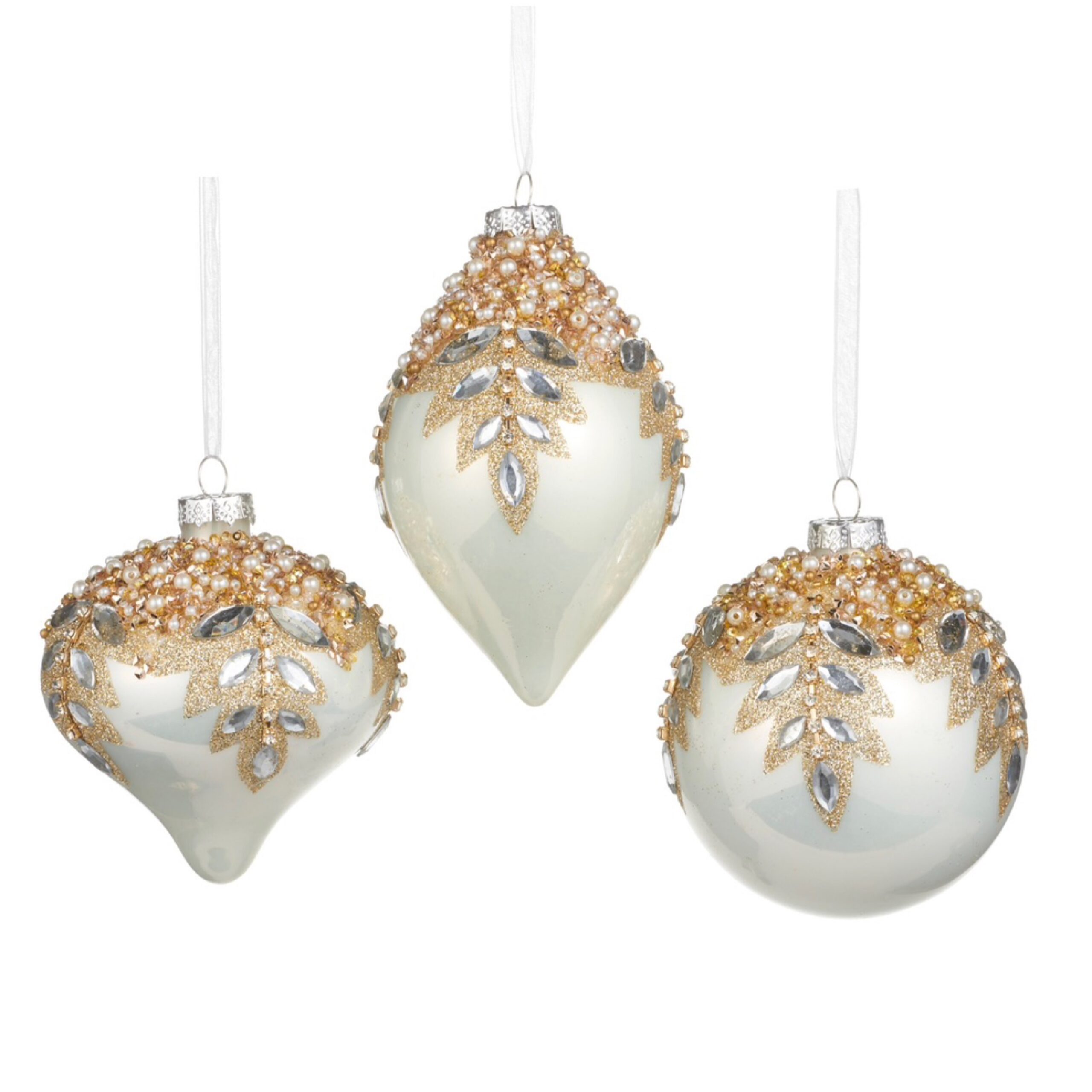 RAZ 4" White Gem Encrusted Glass Christmas Ornaments 1 RAZ 4" White Gem Encrusted Glass Christmas Ornaments